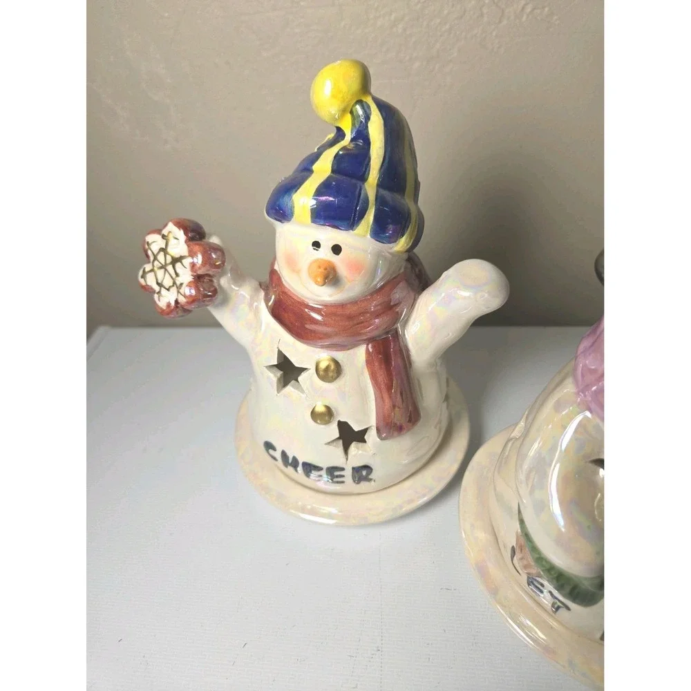 Vintage Ceramic Snowman Tealight Candle Holder Lot of 3 Christmas Holiday Decor
